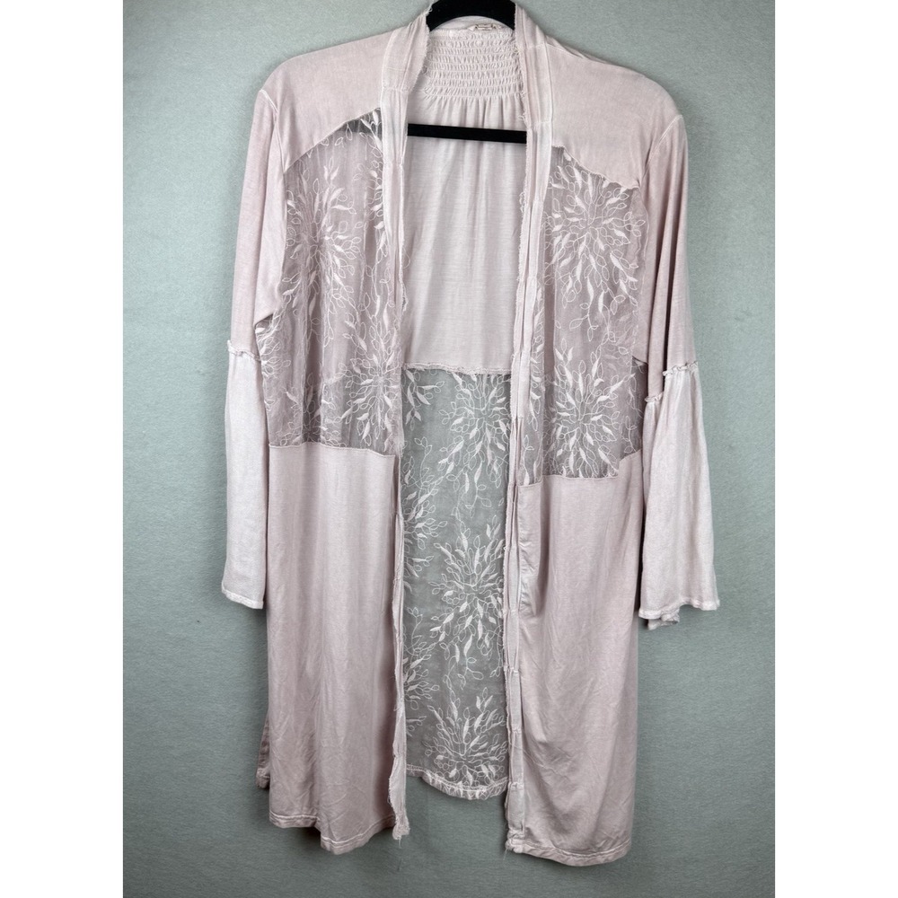 Pol Women's Lace Sheer Sz‎ S Open Cardigan Duster Boho Peasant Pink Oversized